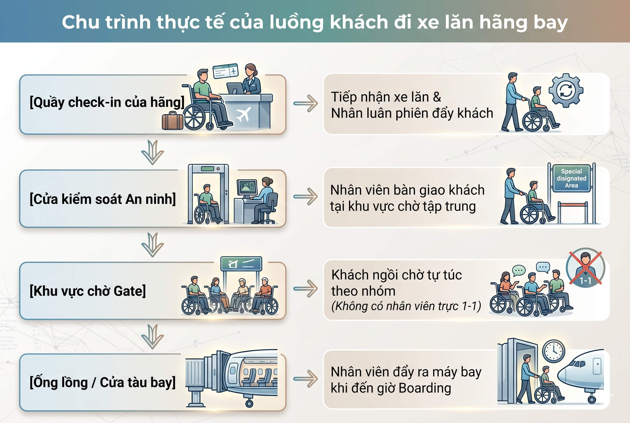 Chu trình thực tế của luồng khách đi xe lăn hãng bay