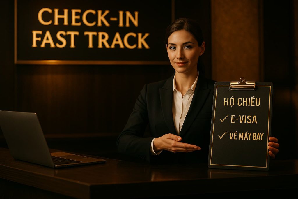 Nhân viên hỗ trợ khách hàng sử dụng dịch vụ fast track sân bay tại quầy check-in Nội Bài