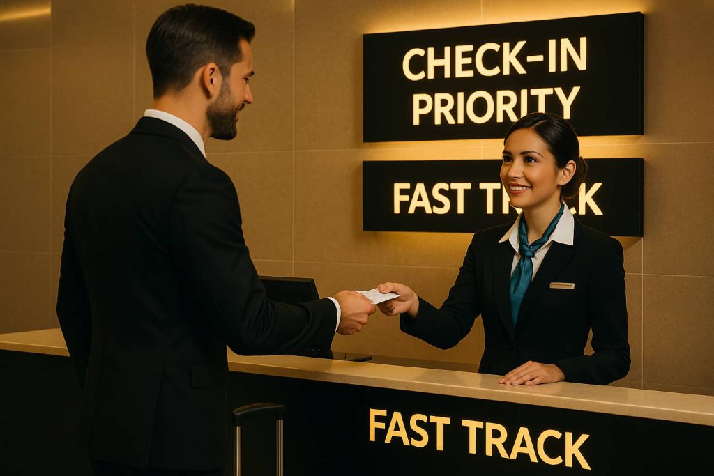 Nhân viên sân bay đón khách sử dụng dịch vụ Fast Track tại quầy ưu tiên.