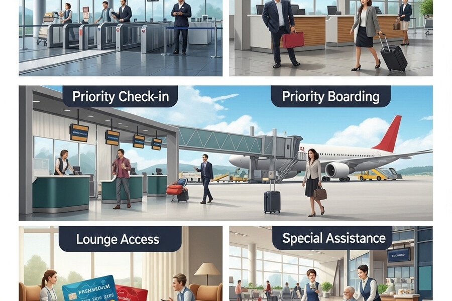 Các hình ảnh minh họa dịch vụ ưu tiên tại sân bay: fast track, check-in, lên máy bay, phòng chờ, và hỗ trợ đặc biệt, cùng giấy tờ liên quan.