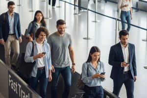 Hành khách trải nghiệm dịch vụ Fast Track tại sân bay, di chuyển nhanh chóng và thoải mái sau khi check-in online.