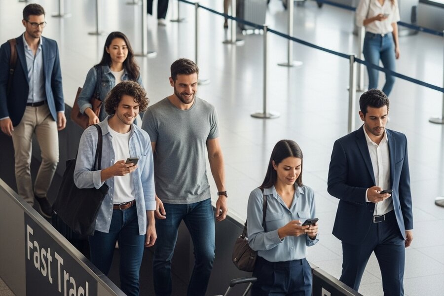 Hành khách trải nghiệm dịch vụ Fast Track tại sân bay, di chuyển nhanh chóng và thoải mái sau khi check-in online.
